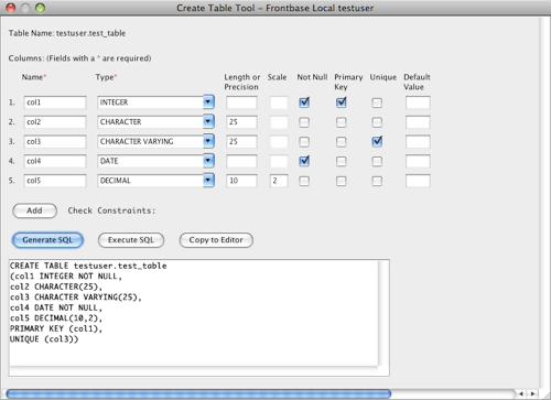 FrontBase Create Table