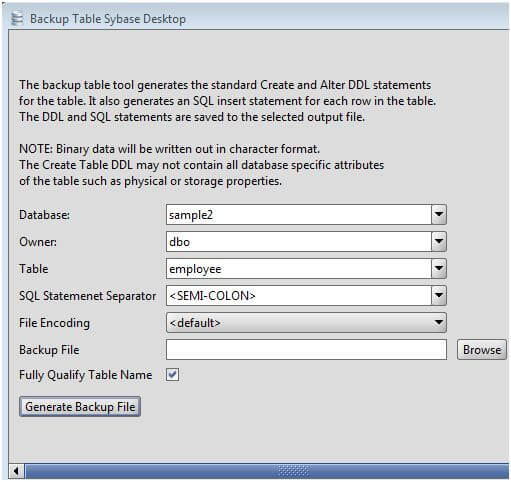 Sybase Table Backup Tool